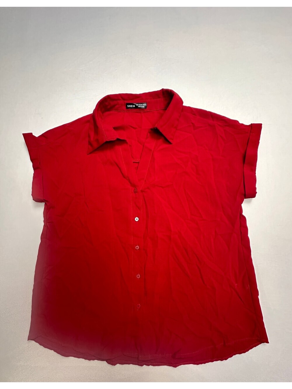 SHEIN Red Short Sleeve Button-Up Shirt Size L US 8/10
